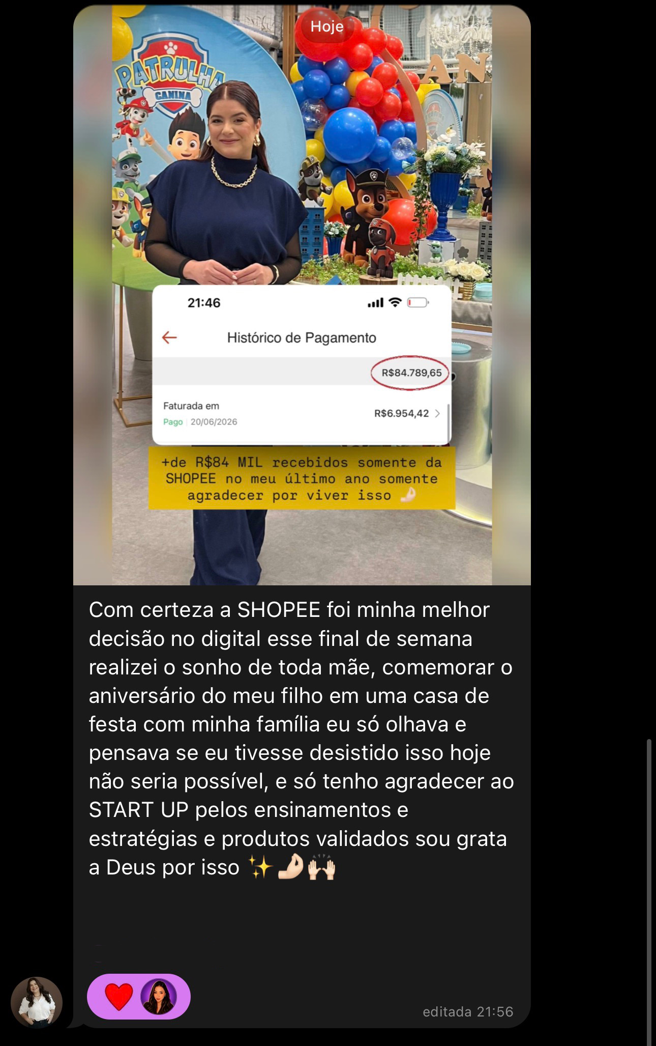 Depoimento exibido no checkout, imagem 1